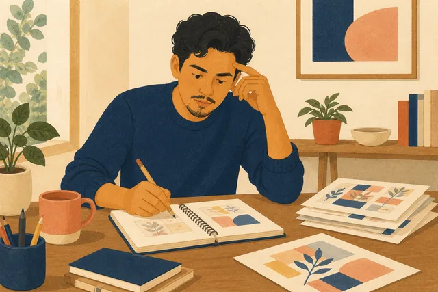 A young adult reviews his work carefully while reflecting on whether it feels good enough.
