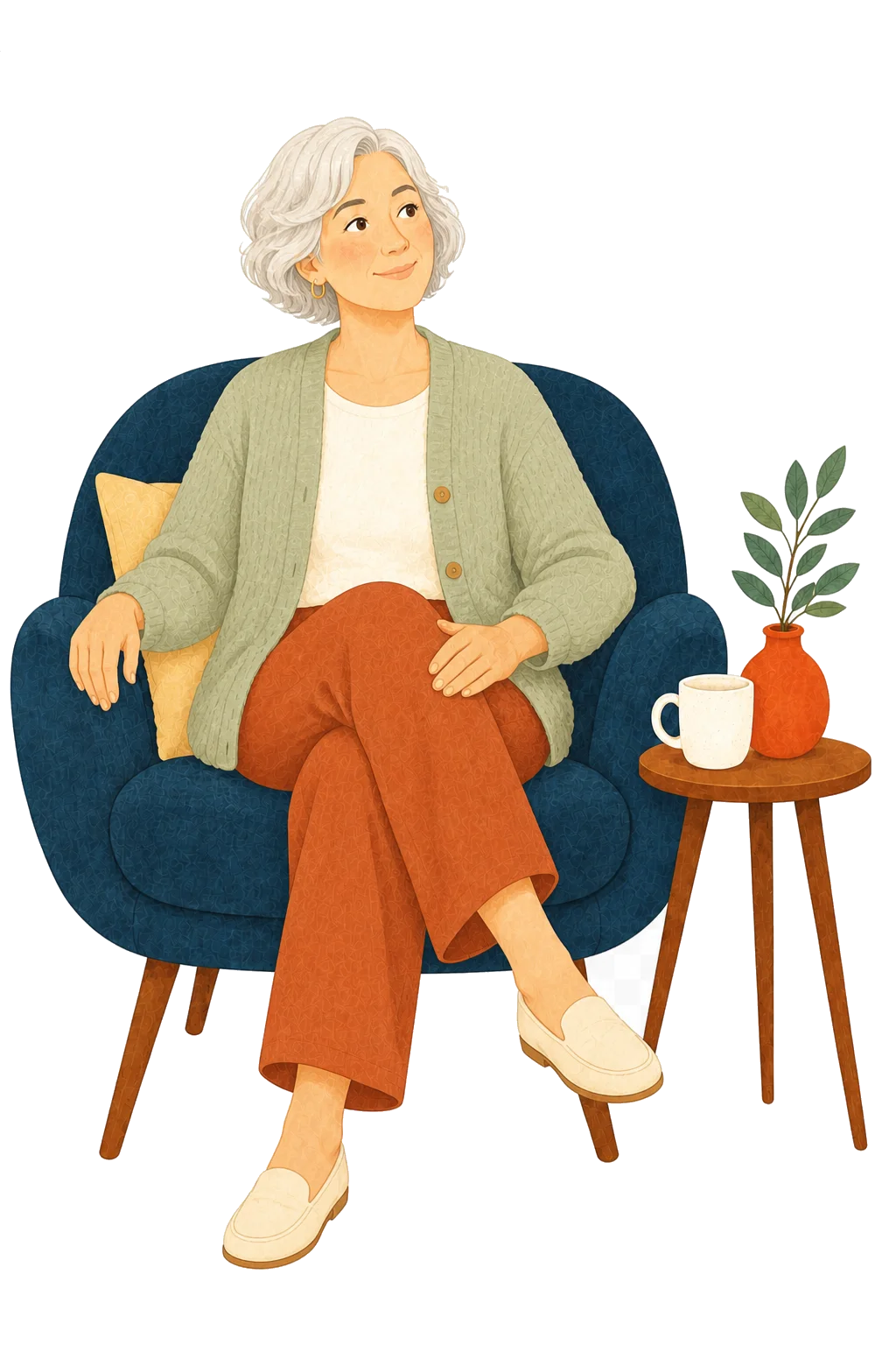 An older adult seated comfortably in a navy chair with a calm and open expression