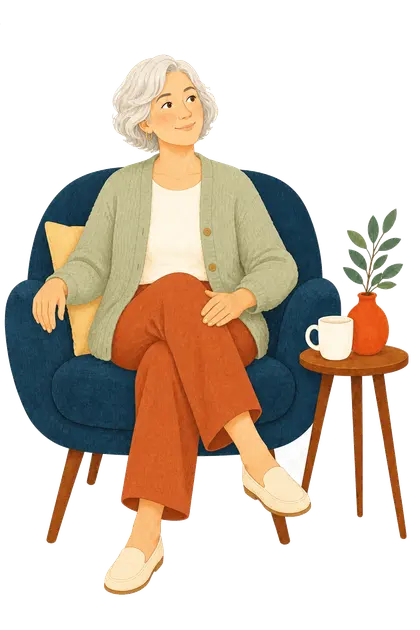 An adult seated comfortably with a calm and open expression