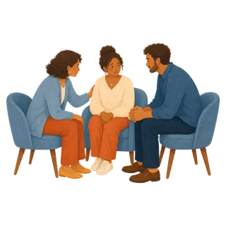 Three family members beginning a supported conversation together