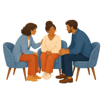 Three family members beginning a supported conversation together