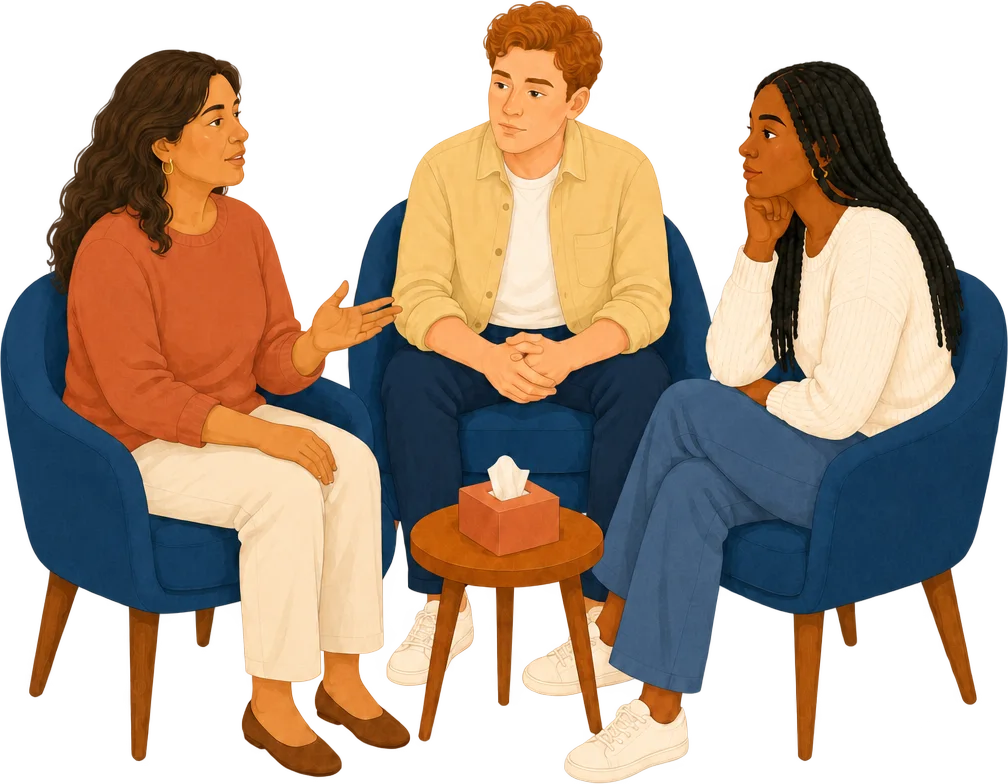 Three adults seated together in a thoughtful family conversation