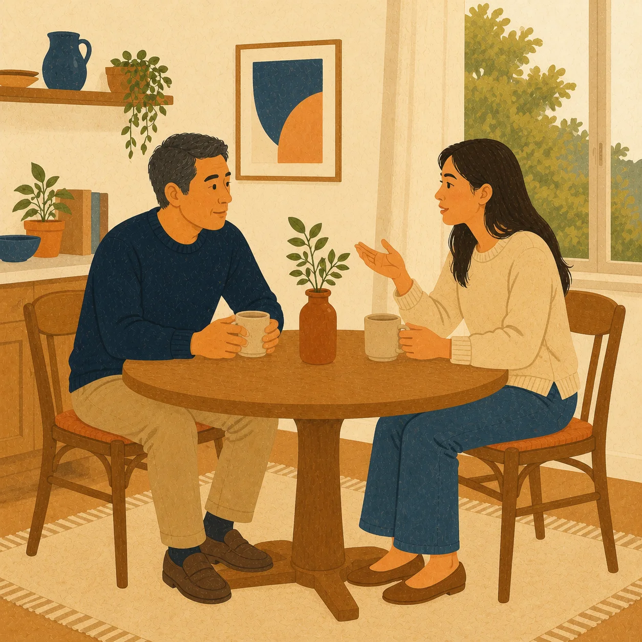 A father and adult daughter having a thoughtful conversation at a kitchen table