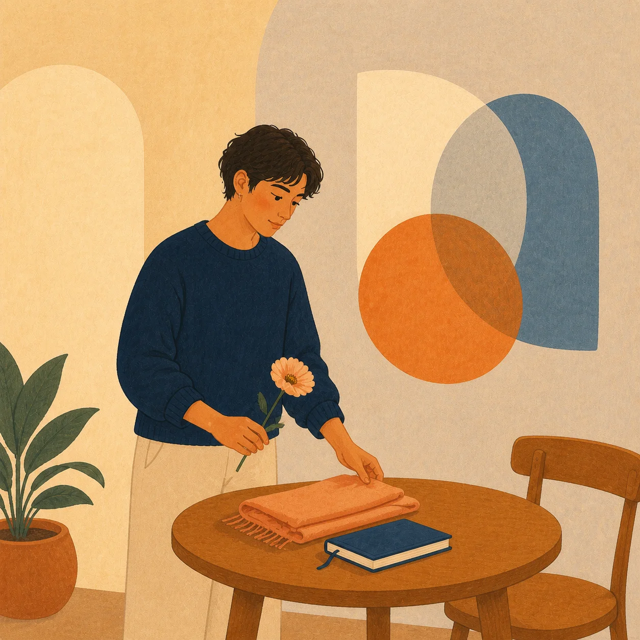 A young adult thoughtfully arranging meaningful objects while exploring their identity