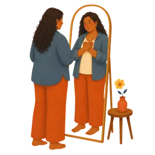 A person meeting their reflection with warmth and self-acceptance