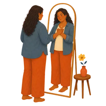 A person meeting their reflection with warmth and self-acceptance