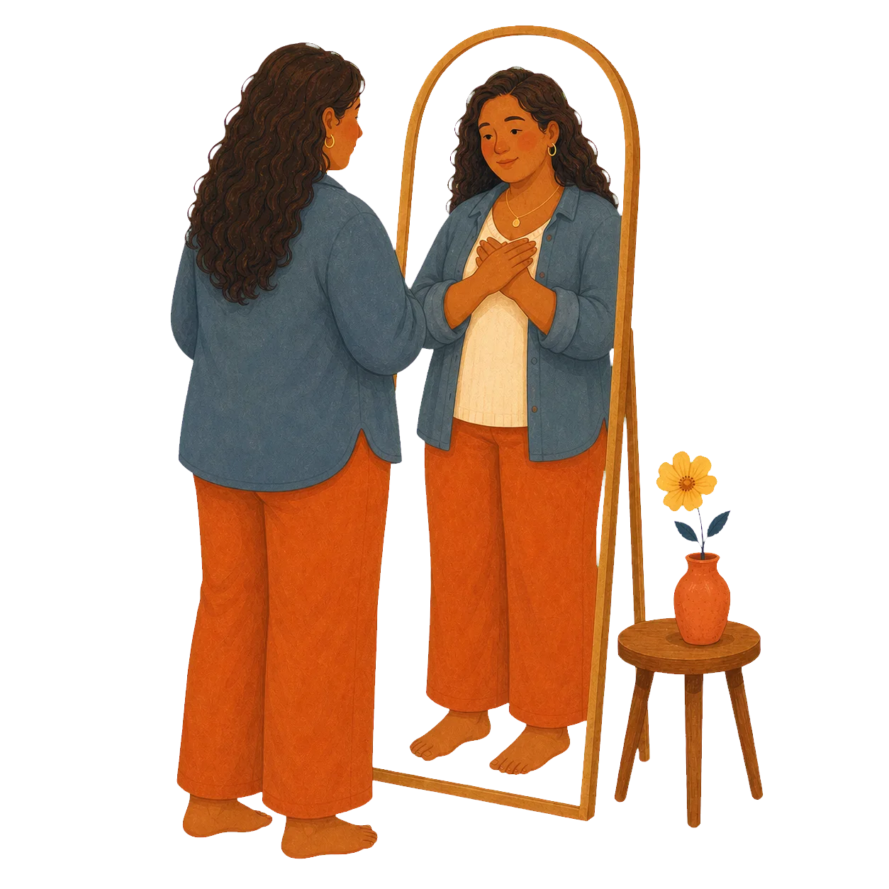 A person meeting their reflection with warmth and self-acceptance