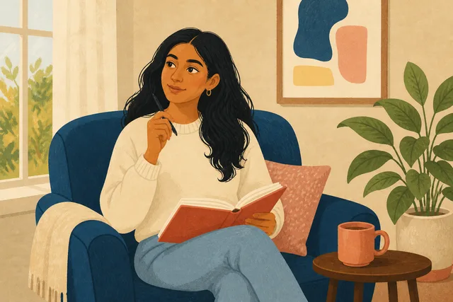 A young adult pauses with her journal to reflect in a calm reading corner.