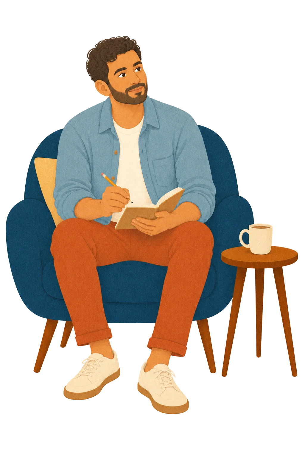 A man seated in a navy chair reflecting with a notebook and pencil