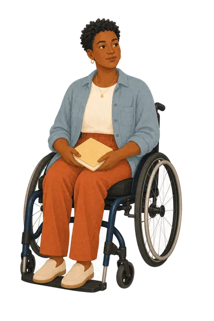 An adult holding a notebook while seated in a wheelchair