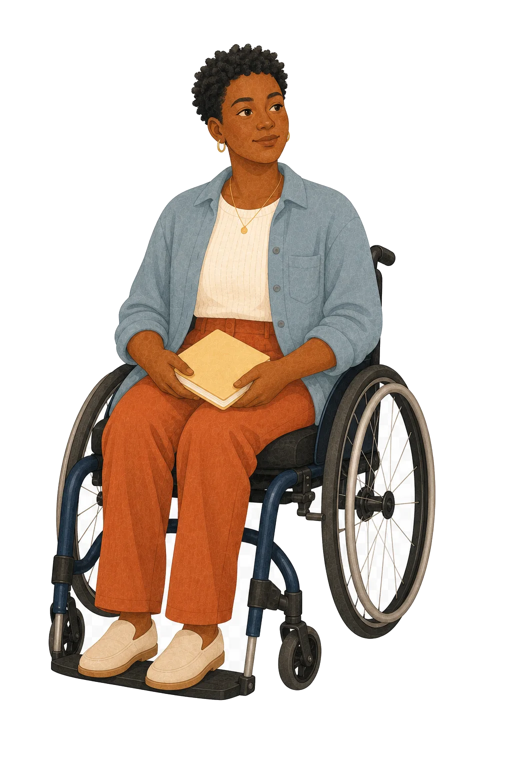 A person seated in a wheelchair holding a notebook with a calm, grounded expression