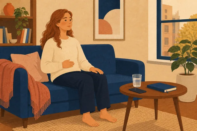 A young adult practices slow breathing while seated in a calm living room with her feet grounded on the floor.