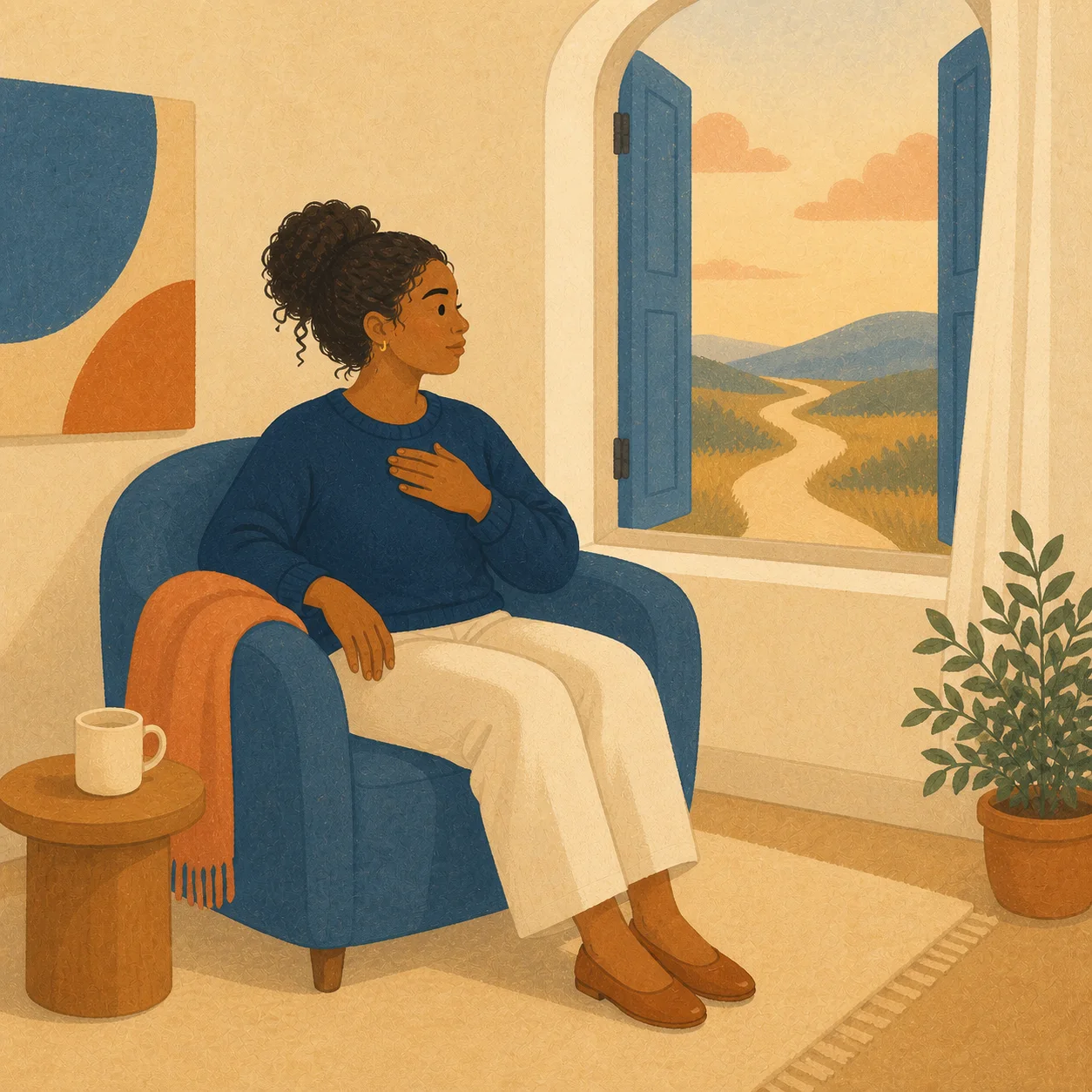 A young adult woman grounding herself in a safe room beside an open window