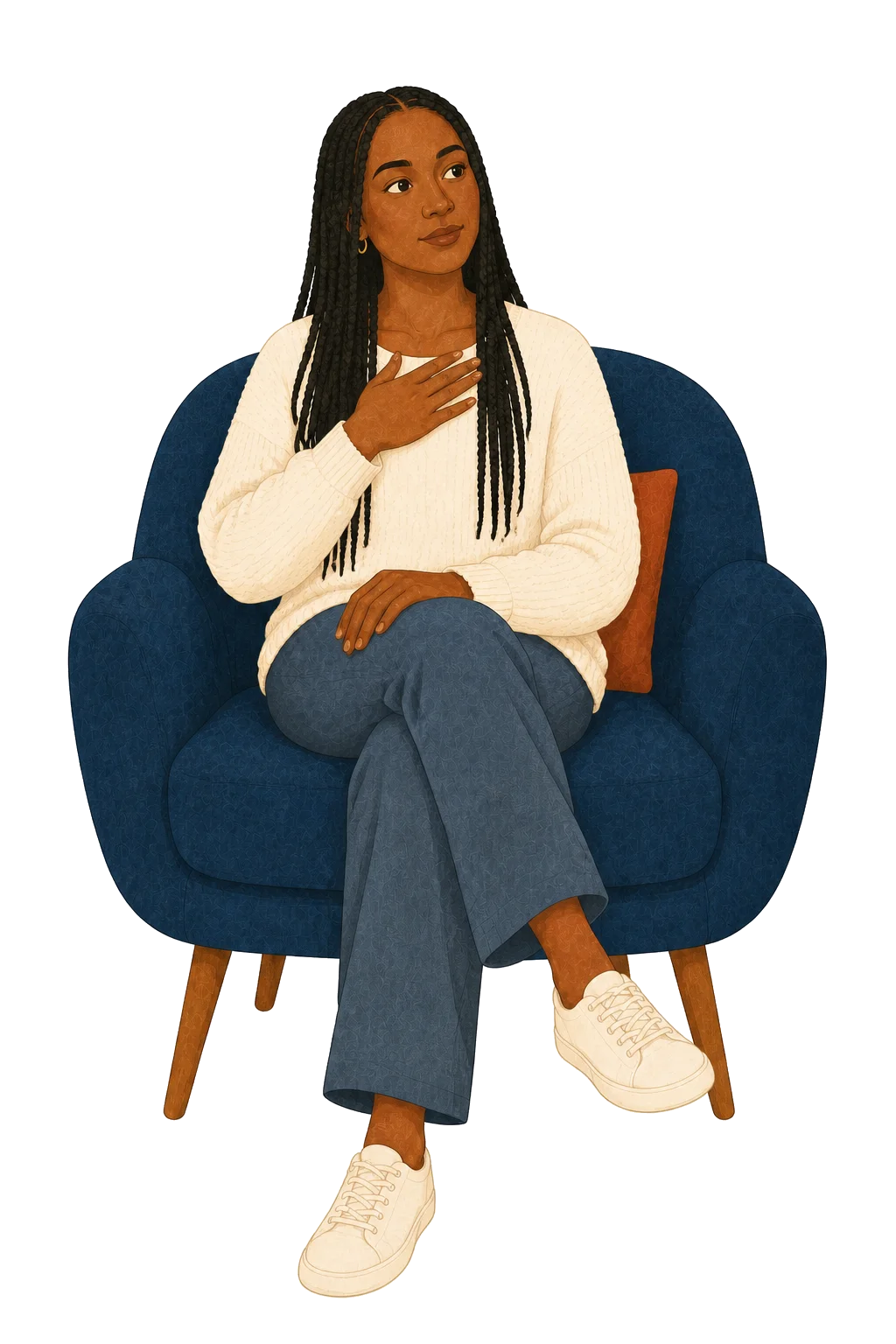 A young adult woman seated with one hand over her heart in a grounded reflective moment