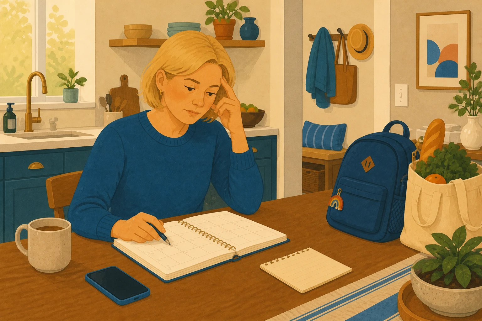 A working-age parent pauses over a family planner while household responsibilities wait nearby.