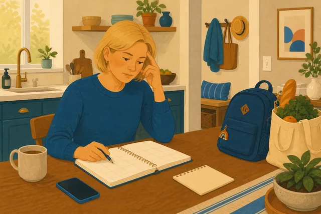 A working-age parent pauses over a family planner while household responsibilities wait nearby.