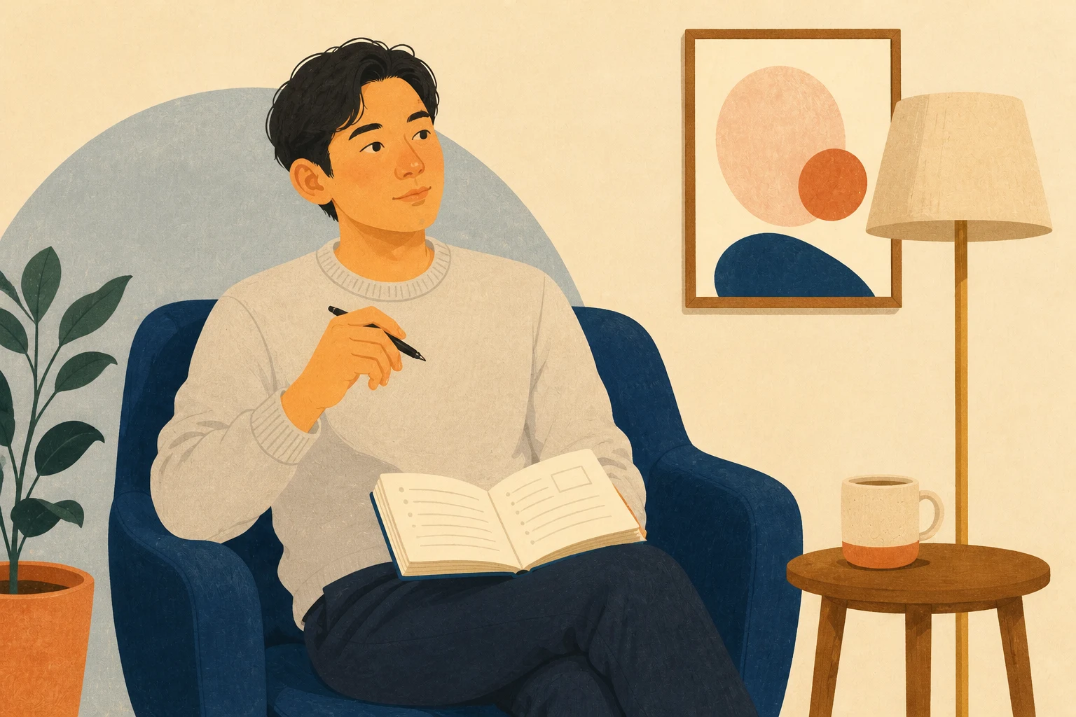 A young adult gathers his thoughts with a notebook while seated in a calm, comfortable room.