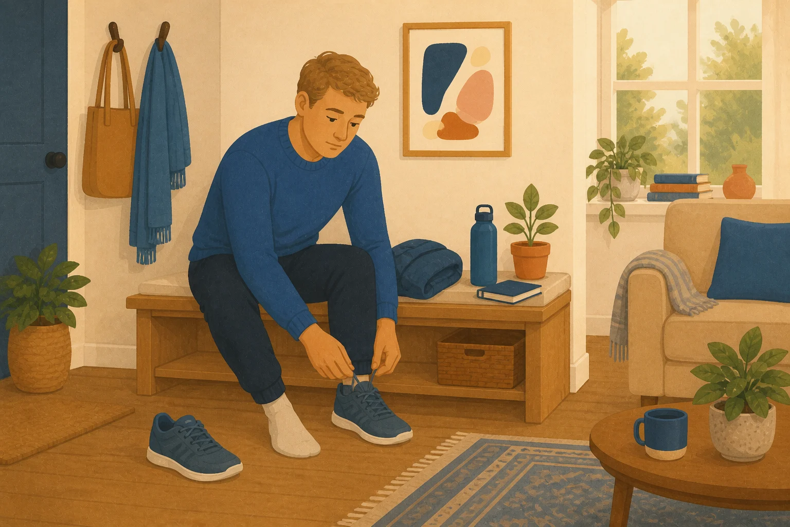 A thoughtful young man begins tying his walking shoes while seated in a warm apartment entryway.
