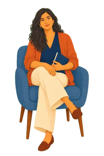 An adult woman seated with a journal in a reflective moment