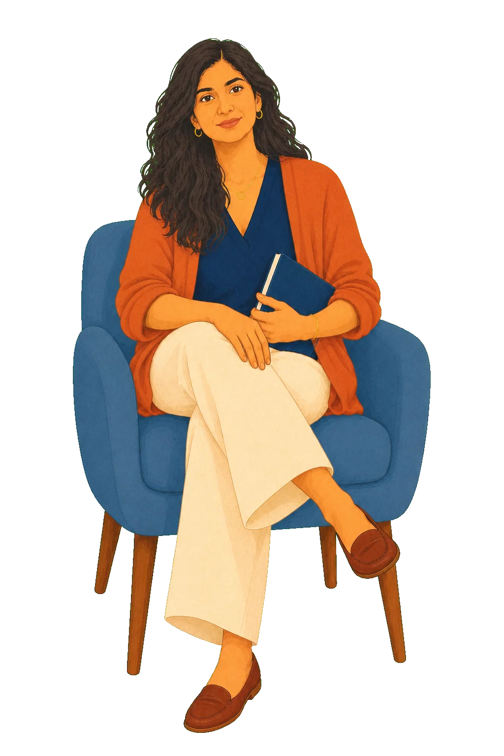 An adult woman seated comfortably with a journal in a calm, reflective moment