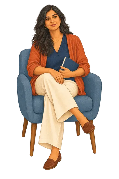 An adult woman seated with a journal in a reflective moment
