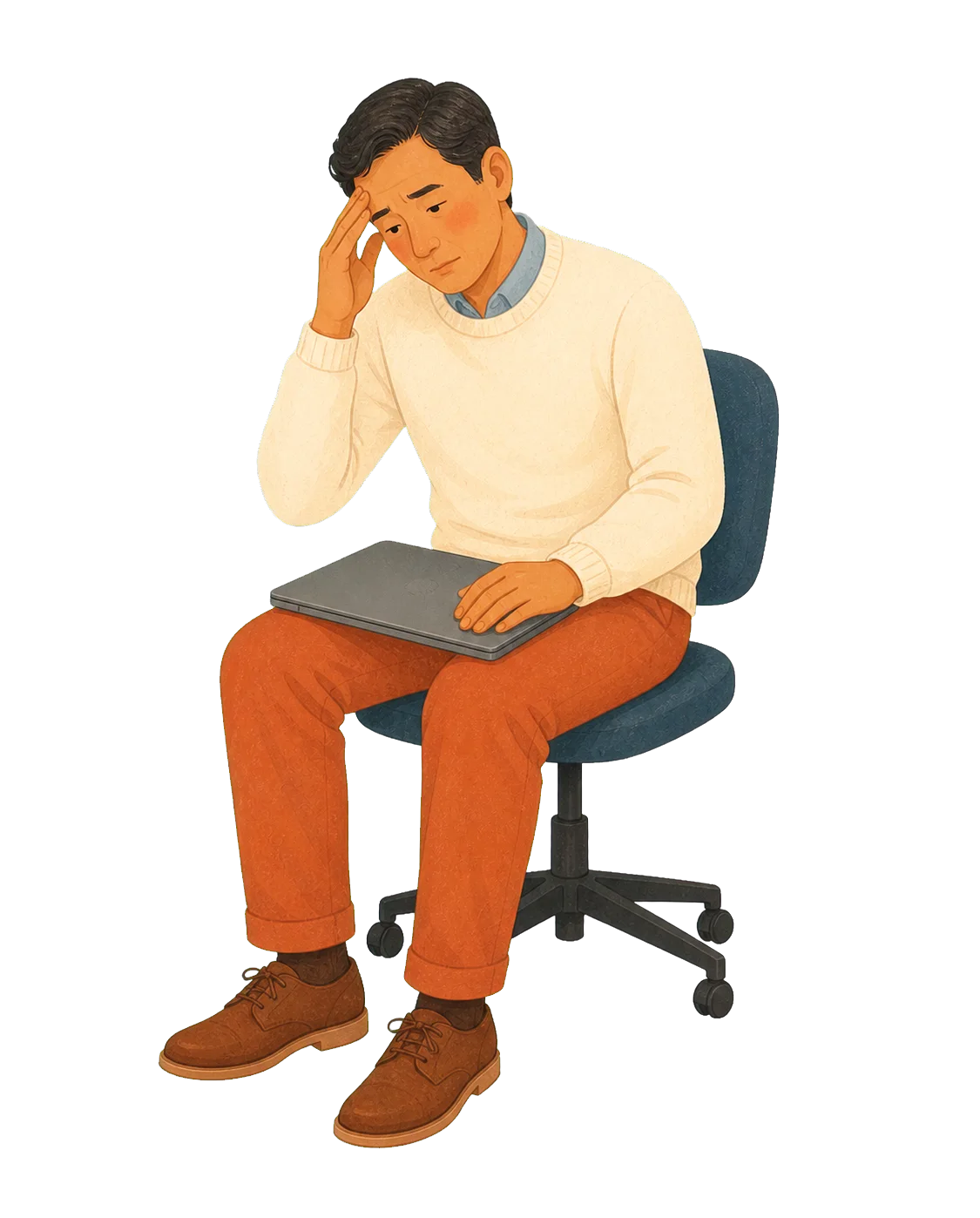 An adult man pausing with a closed laptop while experiencing work-related stress