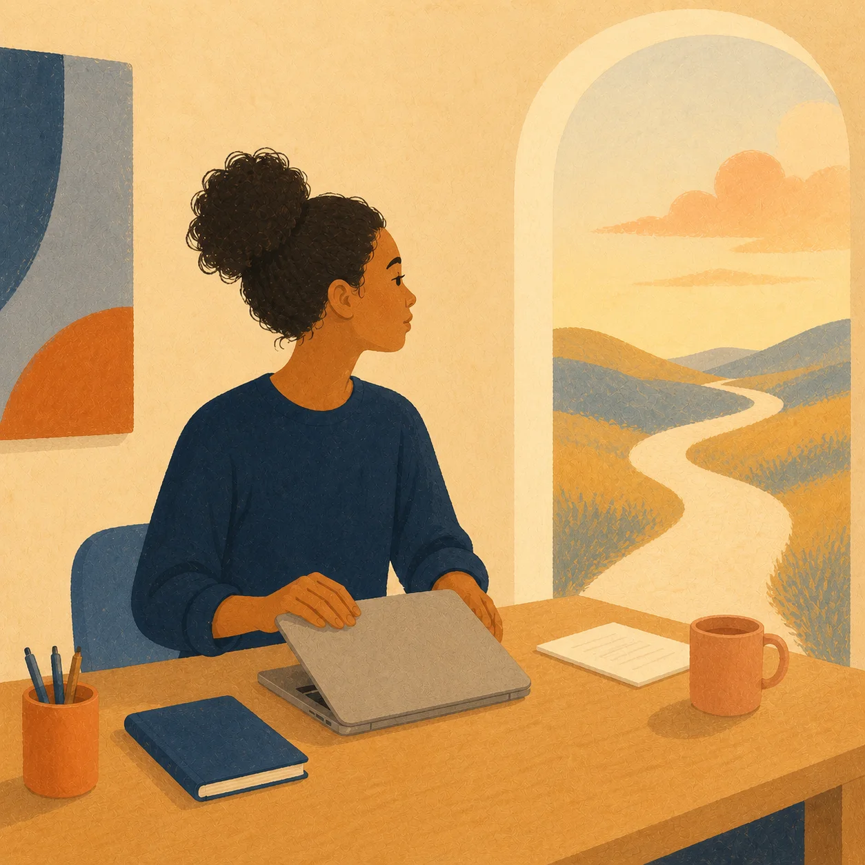 A young adult closing her laptop and turning toward a calmer view after the workday