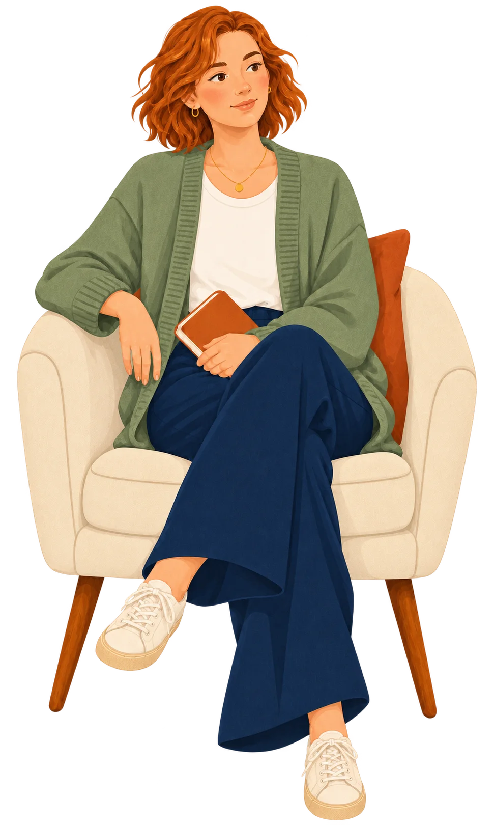 A young adult seated thoughtfully with a notebook